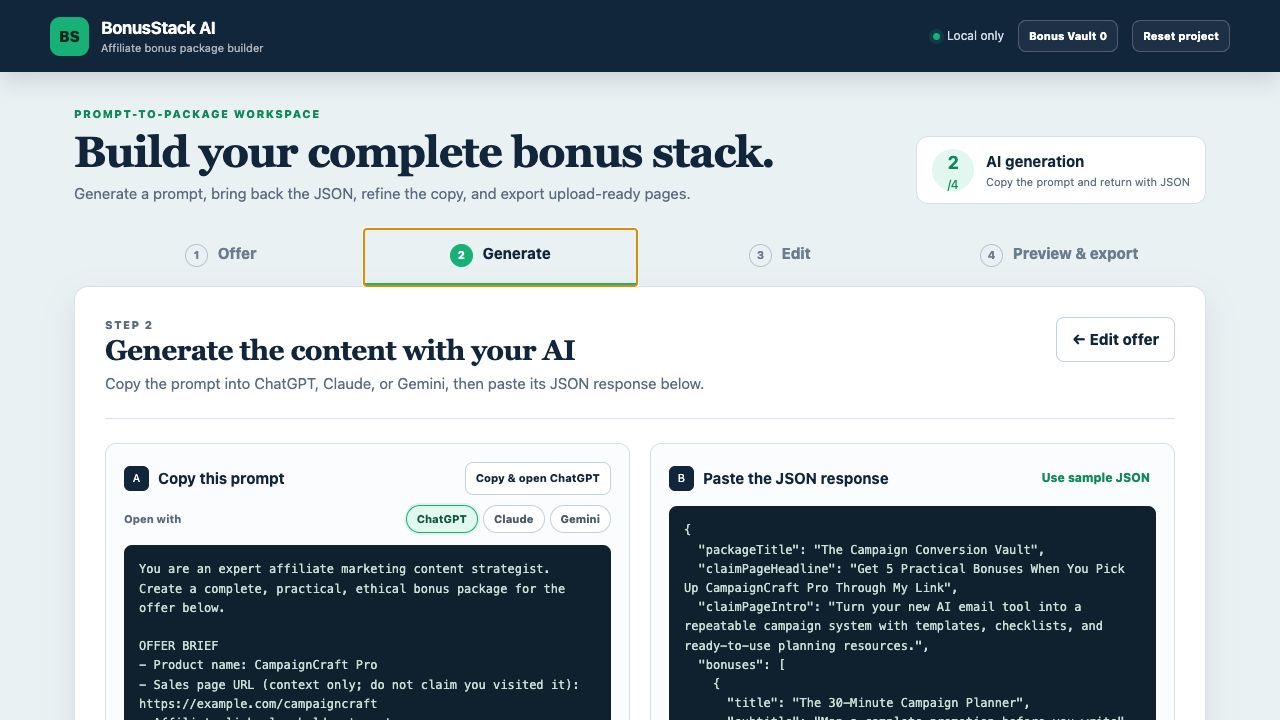 BonusStack AI prompt screen with buttons for ChatGPT, Claude and Gemini