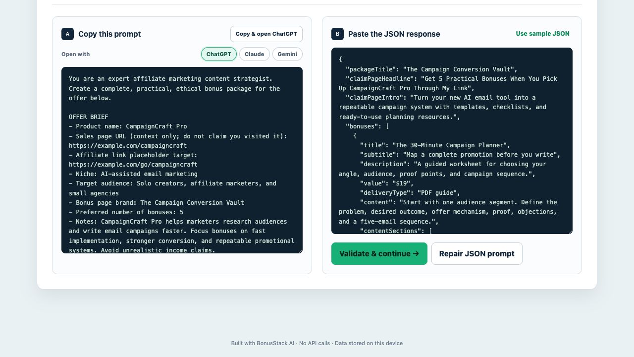 AI JSON pasted into BonusStack AI ready for validation