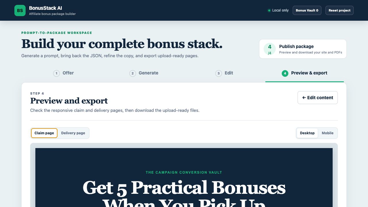 Preview of a finished bonus claim page inside BonusStack AI