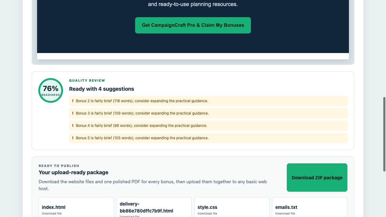 BonusStack AI quality review and ZIP package export screen